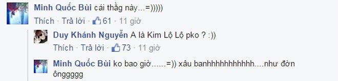 Ở phần bình luận, khi bị ca sĩ Minh Xù “chọc”, Duy Khánh Zhou Zhou cũng hỏi vui: “Anh là Kim Lộ Lộ phải không?”.